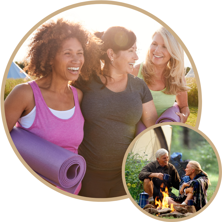 Schroeder_site Images (6) Three women holding yoga mats, exercising and smiling in the sun, with a second photo of an older couple sitting outdoors, smiling at each other around a campfire.
